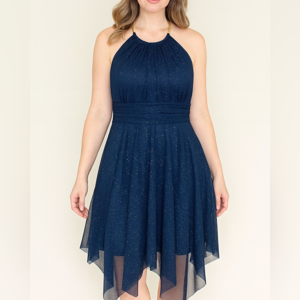 Blondie Nites navy blue sparkly halter prom dress,‎ size junior 7